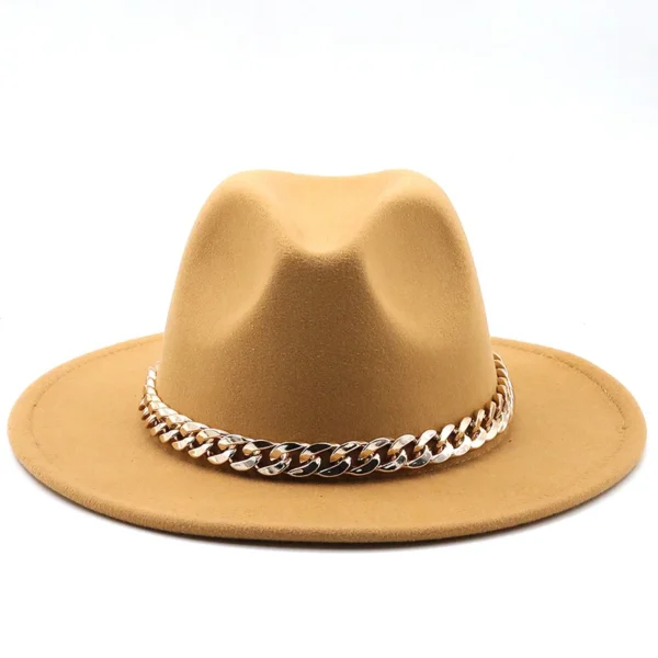 Simole fedora hats women men wide brim Thick gold chain band felted hats jazz cap winter autumn panama camel white women hats - Image 3