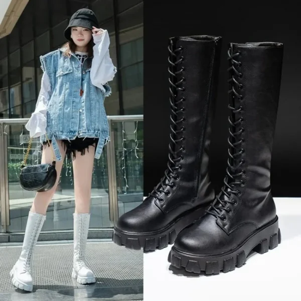 Women's Mid Calf Boots Padded Shoes Knee High Winter Sneakers Punk Style Military Casual White Black 2023 Lucury Platform Woman - Image 2