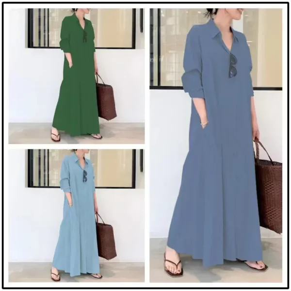 2024 New Casual Loose Women's Solid Color Collar Long Sleeve Insert Bag Simple Long Dress