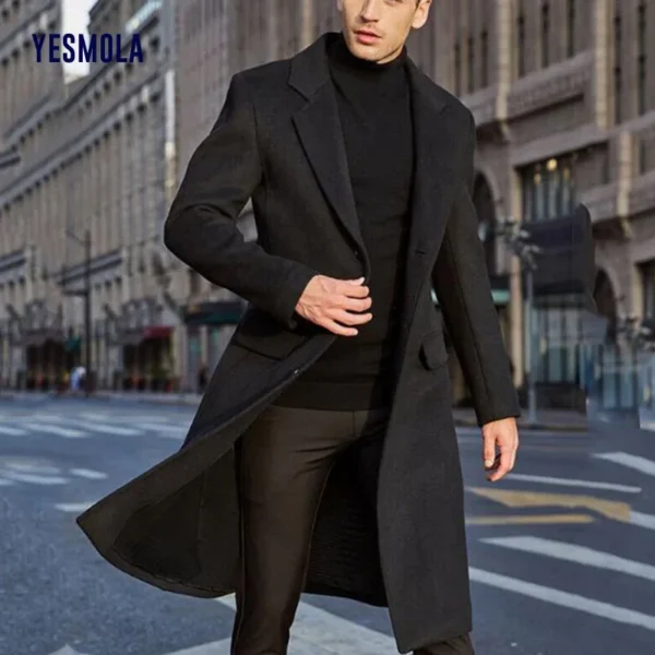 YESMOLA Autumn Winter Mens Coat Solid Long Sleeve Woolen Jackets Fleece Men Overcoat Streetwear Fashion Long Trench Outerwear - Image 2