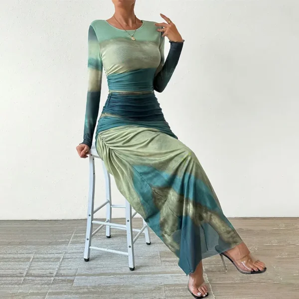 Green Mesh Corset Dress Summer 2024 Womens Dresses Bodycon Dress Print Maxi Ruched See Through O Neck Gradient Female Dress