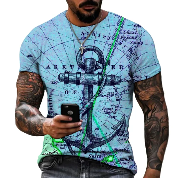 Men's Short Sleeved Casual Loose Tshirt New Oversize Men T-Shirt Anchor Print Fashion T Shirt Men Tops Tees For Male Clothing - Image 2