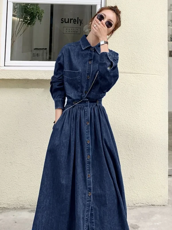 Cowboy Long Skirt Fashionable Trend Long Ankle Thin A-line Dress High Waisted Stylish Slimming Long Sleeved Casual Button Skirt