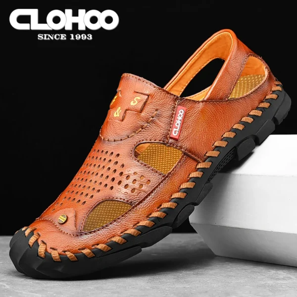 CLOHOO two layer cowhide leather rubber sole handmade shoes sewing shoes no glue sandals casual versatile beach men's sandals