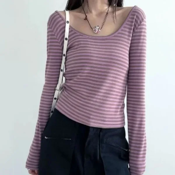 Casual Striped T-Shirt For Women Fashion Vintage Women's Long Sleeve Round Neck Slim Tee 2024 Spring Female Gentle Street Top - Image 3