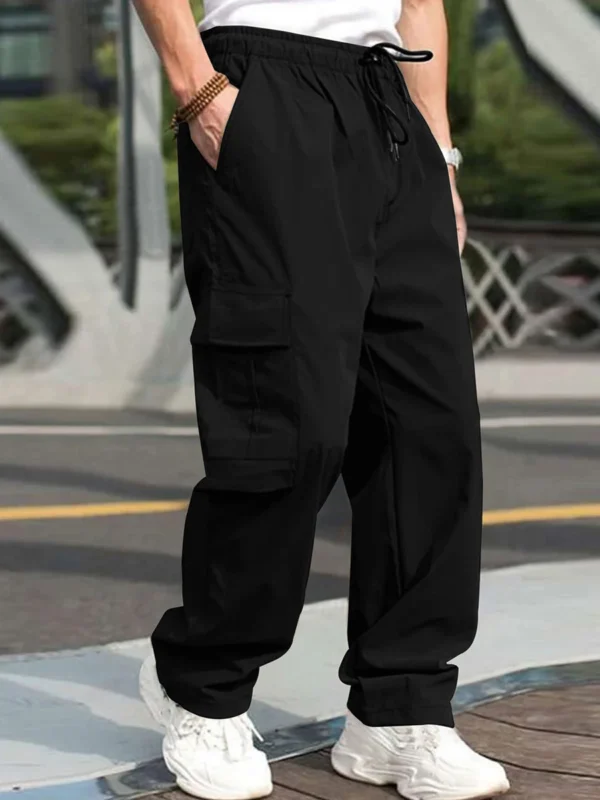 Men s Loose Cargo Long Pants Solid Color Drawstring Waist Straight Leg Trousers Casual Work Pants with Pockets - Image 3