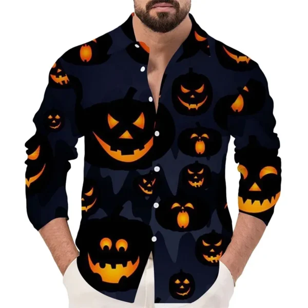 Mens Halloween Button Down Shirt 3D Print Long Sleeve Fashion Casual Men's Halloween Pumpkin Tee Shirts Tops Festival Clothes