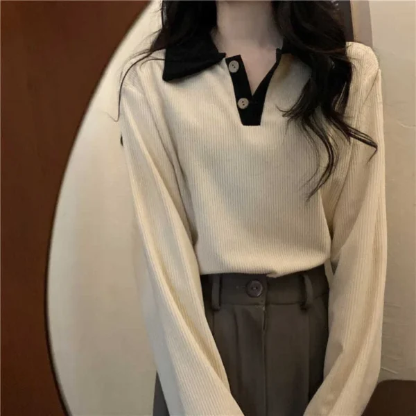 Casual Women T-shirts Korean Fashion Sweet Preppy Style Tops Female Autumn Long Sleeve Turn Down Collar Basic Pullovers Tees - Image 5