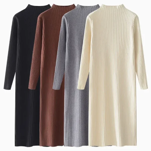 Women Autumn Winter Casual Mock Neck Solid Dress Inner Layer Long Sleeved Knit Dress Loose Mid-Length Versatile Sweater Dress