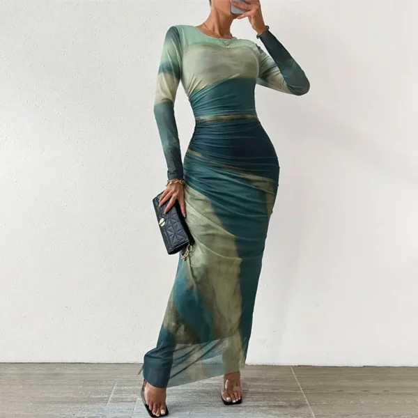 Green Mesh Corset Dress Summer 2024 Womens Dresses Bodycon Dress Print Maxi Ruched See Through O Neck Gradient Female Dress - Image 2