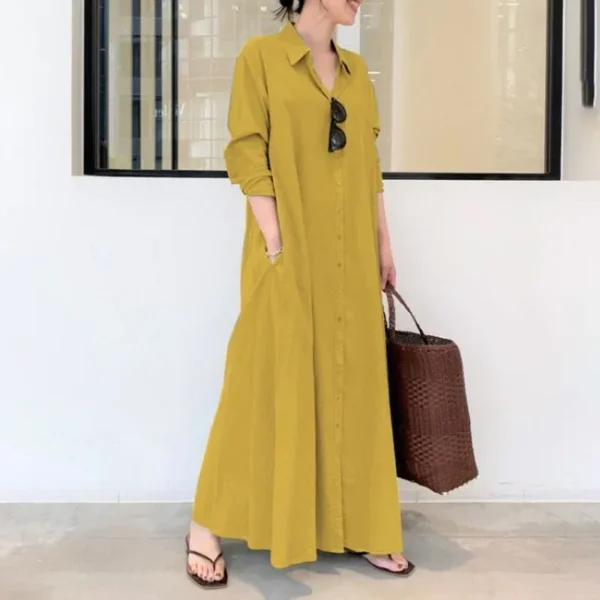 2024 New Casual Loose Women's Solid Color Collar Long Sleeve Insert Bag Simple Long Dress - Image 5