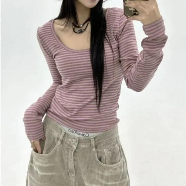 Casual Striped T-Shirt For Women Fashion Vintage Women's Long Sleeve Round Neck Slim Tee 2024 Spring Female Gentle Street Top - Image 4