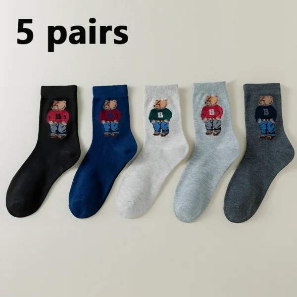 5 Pair Cartoon Gentleman Bear Men's Socks Comfortable Harajuku Skateboard Socks Novelty Breathable Sox Christmas Gift