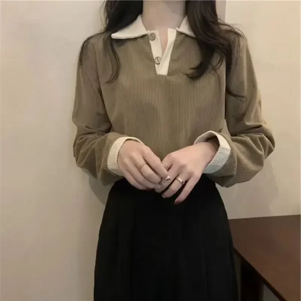 Casual Women T-shirts Korean Fashion Sweet Preppy Style Tops Female Autumn Long Sleeve Turn Down Collar Basic Pullovers Tees - Image 6