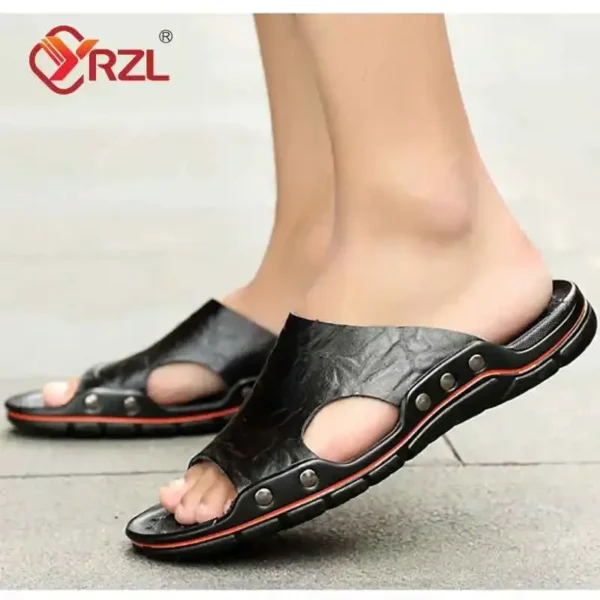 YRZL Sandals Mens Leather Classic Summer Men Slippers Soft Black Slippers PU Leather Slippers Lightweight EVA Slides for Men - Image 5