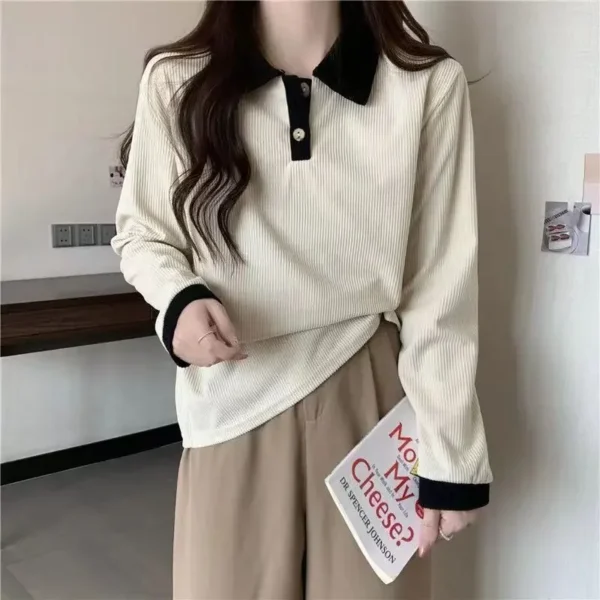 Casual Women T-shirts Korean Fashion Sweet Preppy Style Tops Female Autumn Long Sleeve Turn Down Collar Basic Pullovers Tees - Image 3