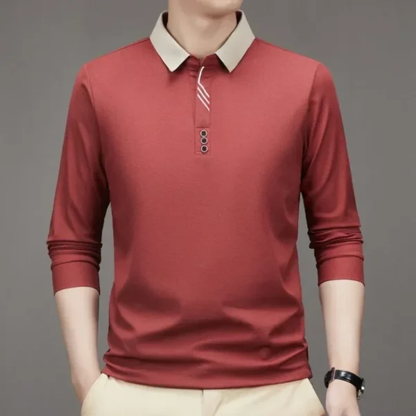 Men's Long Sleeve Turn-down Collar Waffle T-shirt Business Casual Contrast Line Polo Shirt - Image 6