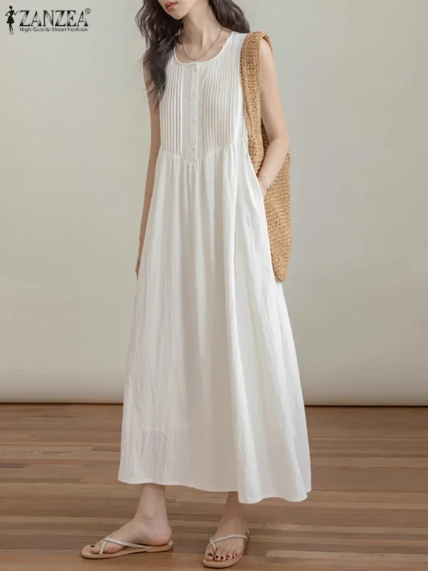 Holiday Solid Long Dress 2024 Summer Sleeveless Pleated Vestidos ZANZEA Korean Fashion Loose Sundress Casual Beach Tank Dresses - Image 3