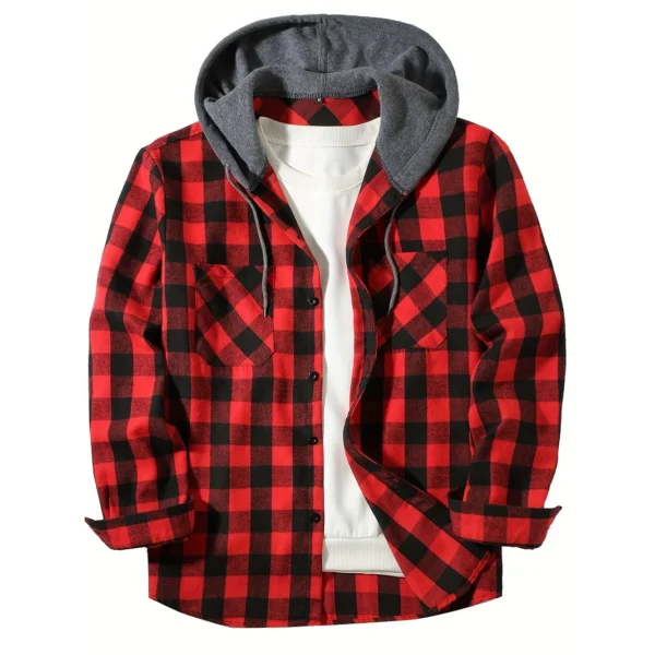 Men's Shirts Classic Plaid Casual Button Down Hooded Long Sleeved Double Pockets Shirt Hoodie Flannel Jacket Spring Autumn Tops - Image 3