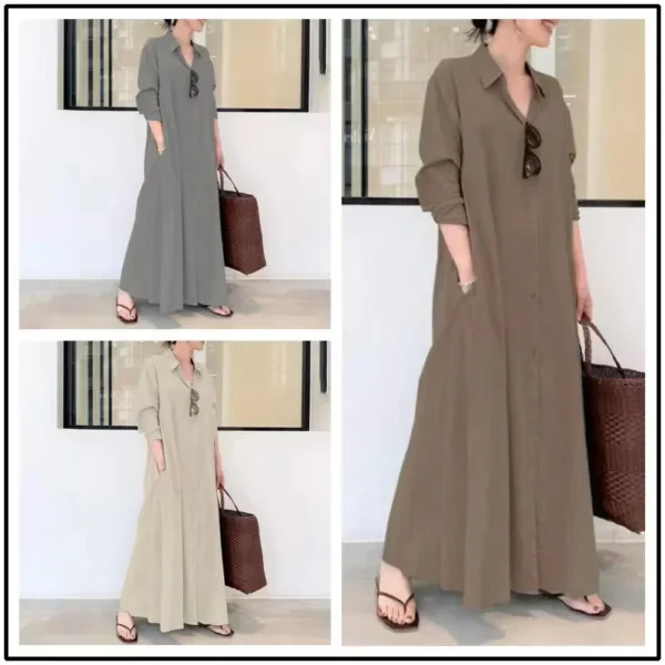 2024 New Casual Loose Women's Solid Color Collar Long Sleeve Insert Bag Simple Long Dress - Image 2