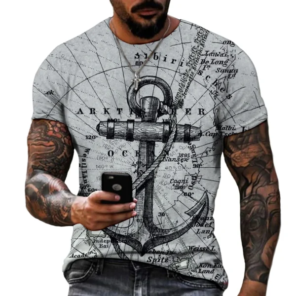 Men's Short Sleeved Casual Loose Tshirt New Oversize Men T-Shirt Anchor Print Fashion T Shirt Men Tops Tees For Male Clothing