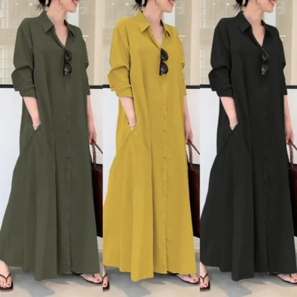 2024 New Casual Loose Women's Solid Color Collar Long Sleeve Insert Bag Simple Long Dress - Image 3