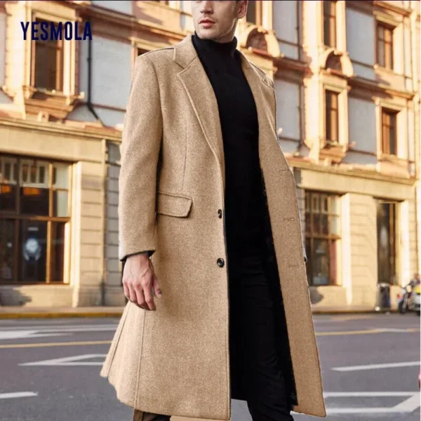 YESMOLA Autumn Winter Mens Coat Solid Long Sleeve Woolen Jackets Fleece Men Overcoat Streetwear Fashion Long Trench Outerwear