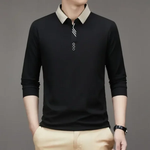 Men's Long Sleeve Turn-down Collar Waffle T-shirt Business Casual Contrast Line Polo Shirt - Image 4