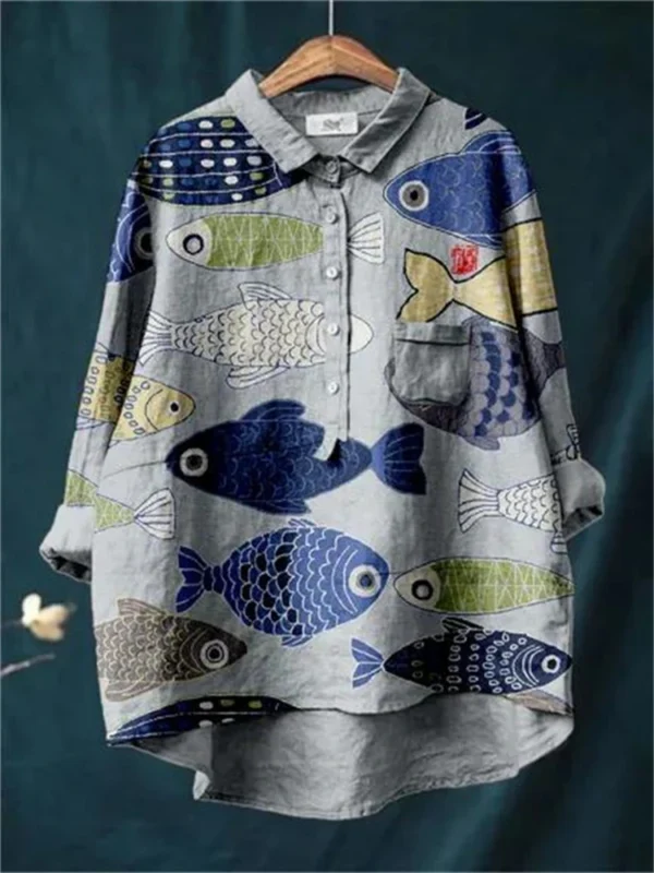 Summer Women's Shirt Casual vintage fish Sardines Art long sleeve pocket shirt Hawaiian style printed V-neck shirt women's top - Image 6