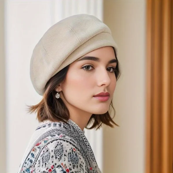 Simple Women Wool Beret for Elegant Lady Winter Female Cotton Hats Plaid Vintage Octagonal Casual Autumn Cap - Image 4