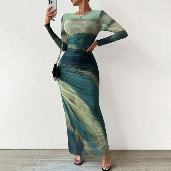 Green Mesh Corset Dress Summer 2024 Womens Dresses Bodycon Dress Print Maxi Ruched See Through O Neck Gradient Female Dress - Image 5