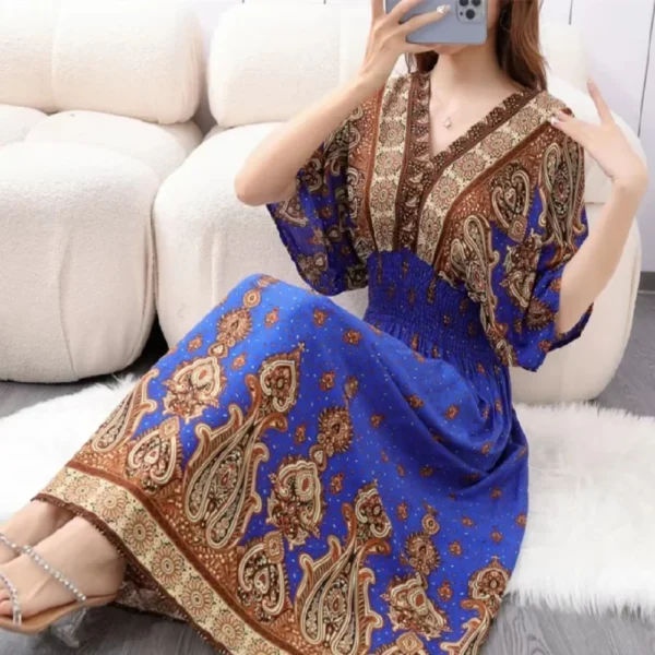 Casual Elegant Retro Bohemian National Style V-neck Elastic Waist Large Swing Printed Summer Long Skirt Woman Dress Clothes - Image 5