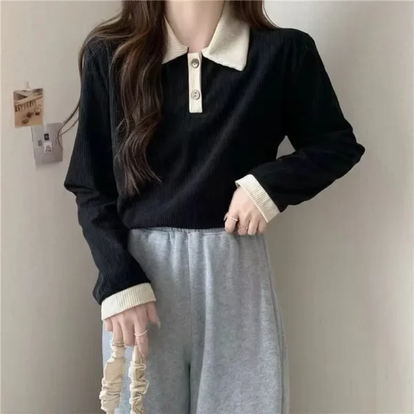 Casual Women T-shirts Korean Fashion Sweet Preppy Style Tops Female Autumn Long Sleeve Turn Down Collar Basic Pullovers Tees - Image 2