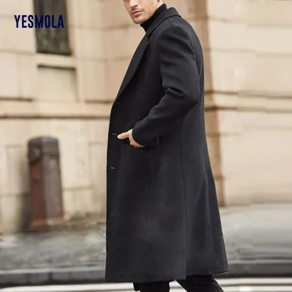 YESMOLA Autumn Winter Mens Coat Solid Long Sleeve Woolen Jackets Fleece Men Overcoat Streetwear Fashion Long Trench Outerwear - Image 3