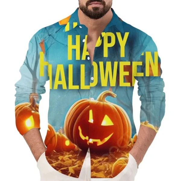 Mens Halloween Button Down Shirt 3D Print Long Sleeve Fashion Casual Men's Halloween Pumpkin Tee Shirts Tops Festival Clothes - Image 2