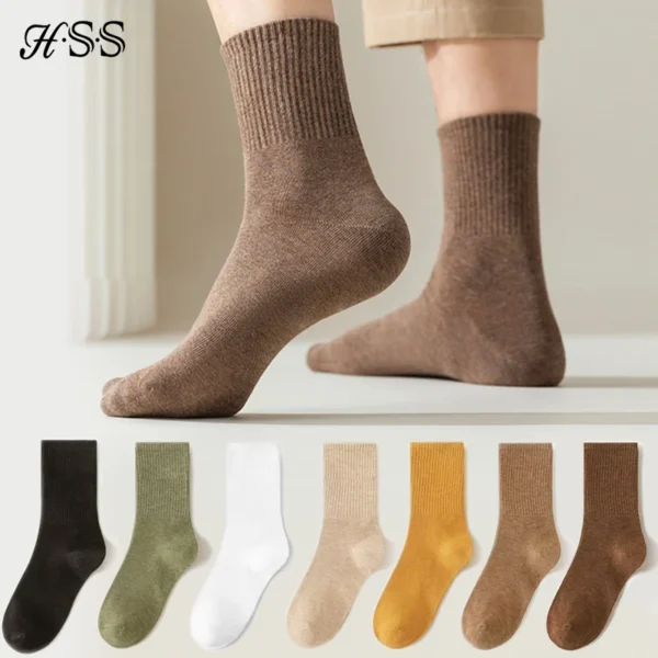 HSS 95% Combed Cotton Socks Men Business Dress Long Socks Casual Solid Color Spring Summer Black White Unisex Socks Comfortable