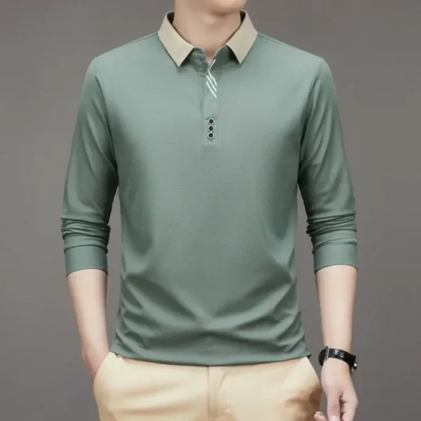 Men's Long Sleeve Turn-down Collar Waffle T-shirt Business Casual Contrast Line Polo Shirt - Image 3