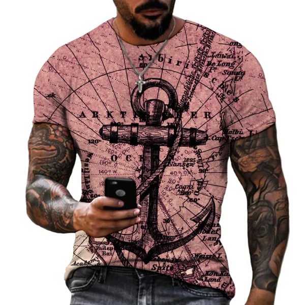 Men's Short Sleeved Casual Loose Tshirt New Oversize Men T-Shirt Anchor Print Fashion T Shirt Men Tops Tees For Male Clothing - Image 3