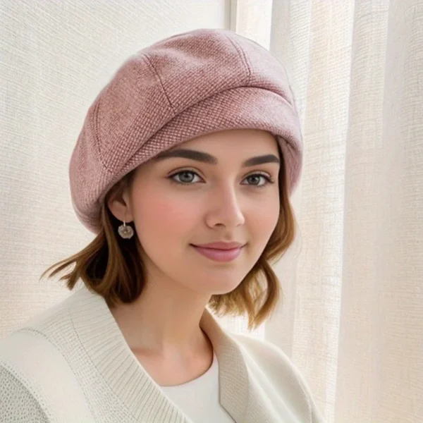 Simple Women Wool Beret for Elegant Lady Winter Female Cotton Hats Plaid Vintage Octagonal Casual Autumn Cap - Image 6