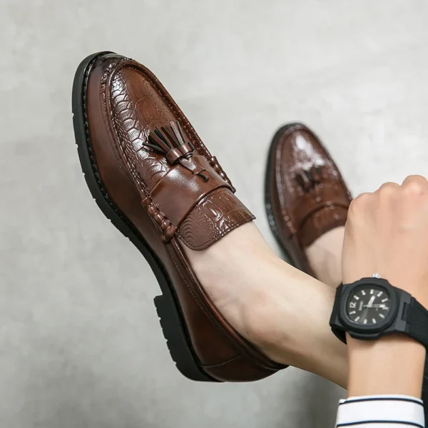 Mens Casual Leather Shoes Comfortable Casual Shoes Formal Business Tassel Loafers Crocodile Print Driving Shoes - Image 2