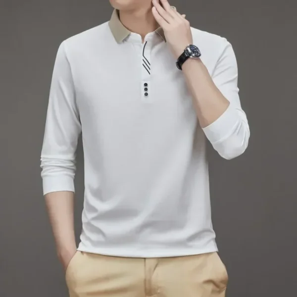 Men's Long Sleeve Turn-down Collar Waffle T-shirt Business Casual Contrast Line Polo Shirt - Image 5