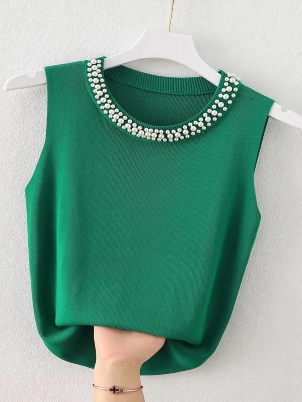 Korea Knitted Vests Women Top Solid Tank Blusas Mujer De Moda Summer New Fashion Female Sleeveless Beading Casual Thin Tops - Image 5