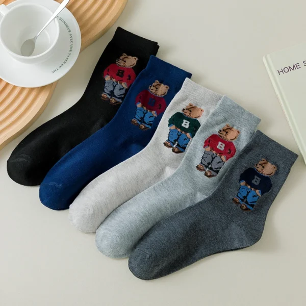 5 Pair Cartoon Gentleman Bear Men's Socks Comfortable Harajuku Skateboard Socks Novelty Breathable Sox Christmas Gift - Image 4