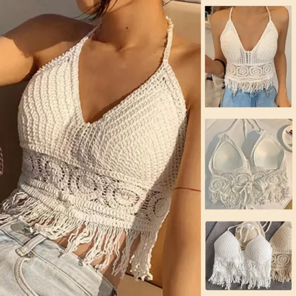 2024 Summer Sexy Beach Short Crop Top for Women Lightweight Hollow Out Crochet Tassels Hem Halter Bras Bustier with Chest Pads