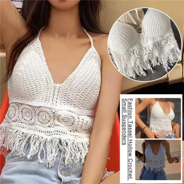 2024 Summer Sexy Beach Short Crop Top for Women Lightweight Hollow Out Crochet Tassels Hem Halter Bras Bustier with Chest Pads - Image 3