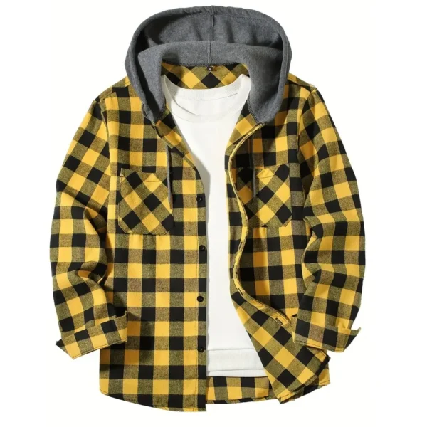 Men's Shirts Classic Plaid Casual Button Down Hooded Long Sleeved Double Pockets Shirt Hoodie Flannel Jacket Spring Autumn Tops - Image 6