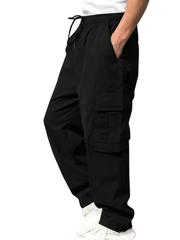 Men s Loose Cargo Long Pants Solid Color Drawstring Waist Straight Leg Trousers Casual Work Pants with Pockets - Image 4