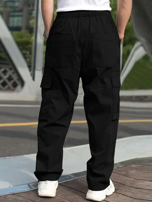 Men s Loose Cargo Long Pants Solid Color Drawstring Waist Straight Leg Trousers Casual Work Pants with Pockets - Image 2