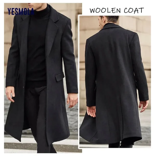 YESMOLA Autumn Winter Mens Coat Solid Long Sleeve Woolen Jackets Fleece Men Overcoat Streetwear Fashion Long Trench Outerwear - Image 4