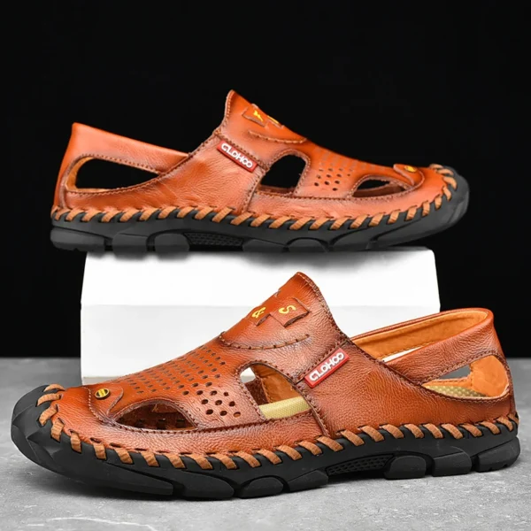 CLOHOO two layer cowhide leather rubber sole handmade shoes sewing shoes no glue sandals casual versatile beach men's sandals - Image 5